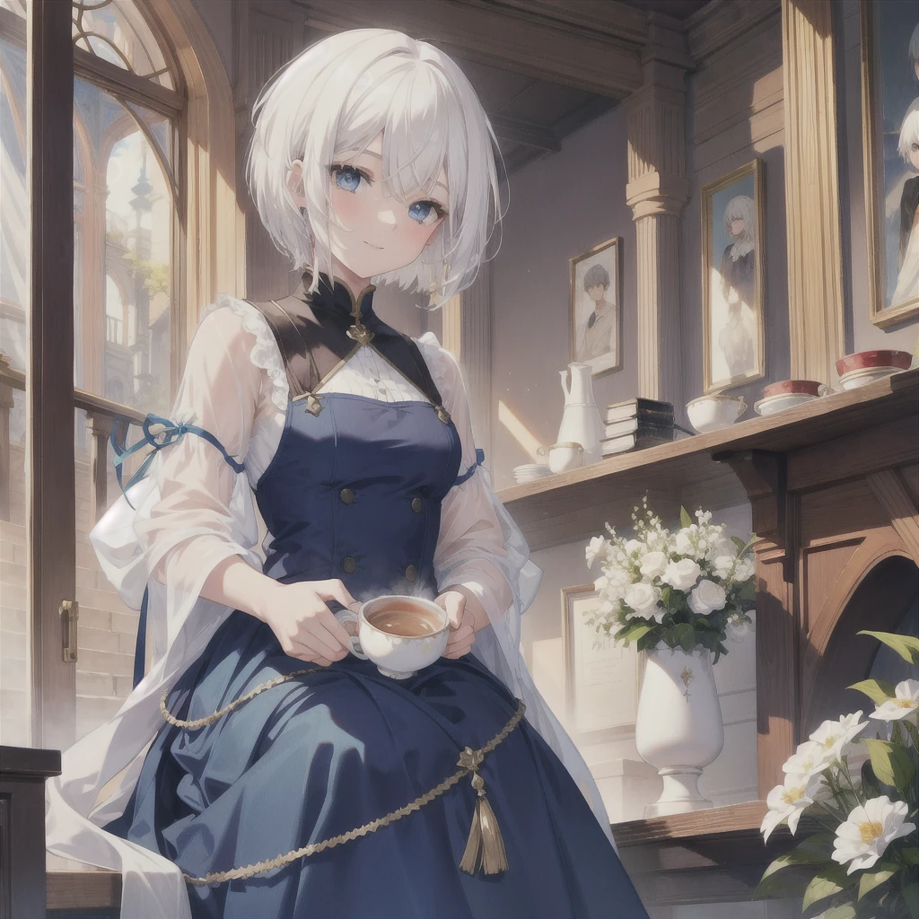 (masterpiece, Highest quality:1.2), One Girl, alone　(((White Hair　Short Hair　blue eyes　noble)))　((Noble clothes　Drinking tea))　(smile)　Shining Edge