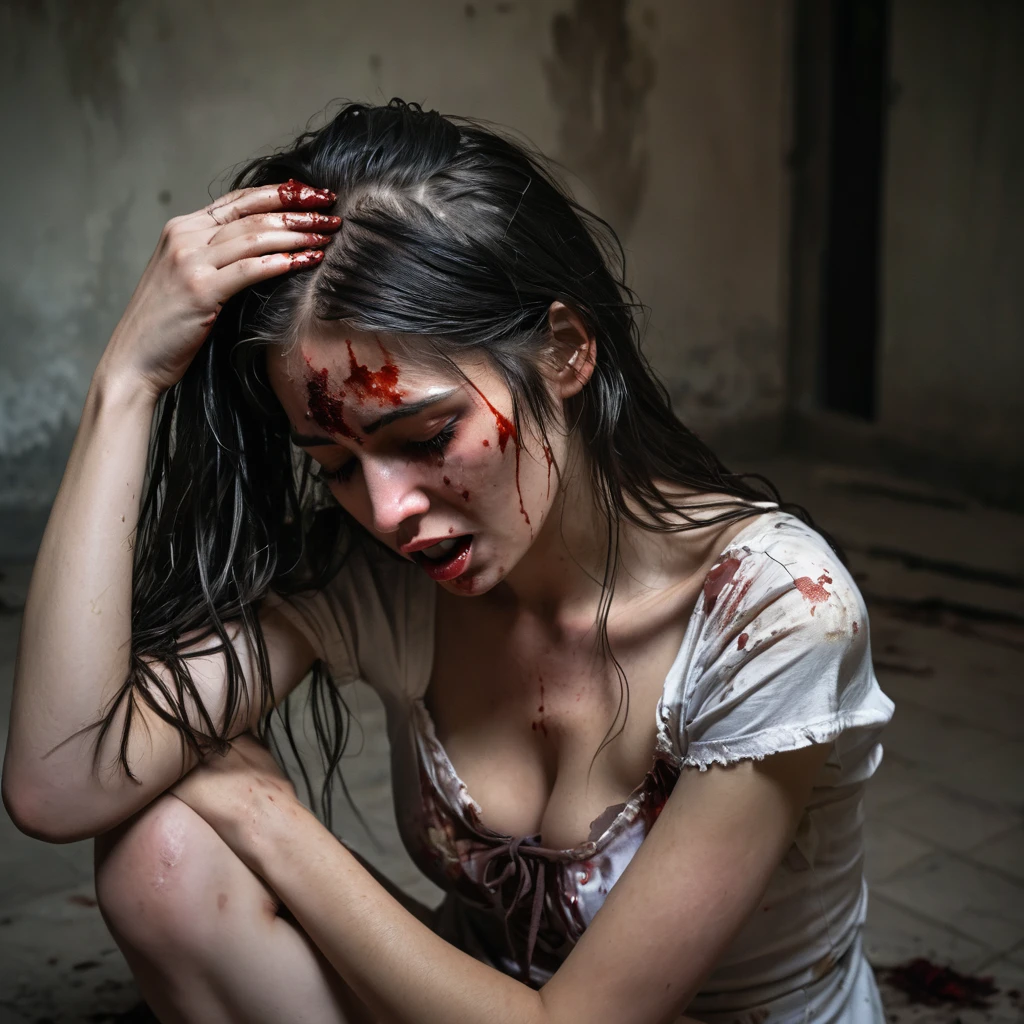 Undead sinner on her knees, forced , (oral :1.3),  , hand on her head, holds her by the hair, (traces of beatings on her body:1.2), torn clothes,  slavery, hellish torment