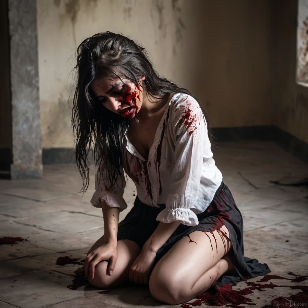 Undead sinner on her knees, forced oral sex, (oral rape:1.3), Sexual violence, hand on her head, holds her by the hair, (traces of beatings on her body:1.2), torn clothes, Sexual slavery, hellish torment