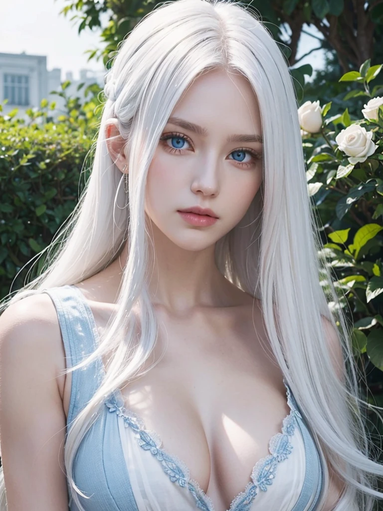 Long white hair, blue eyes, serious features, white skin, loose style, in a garden