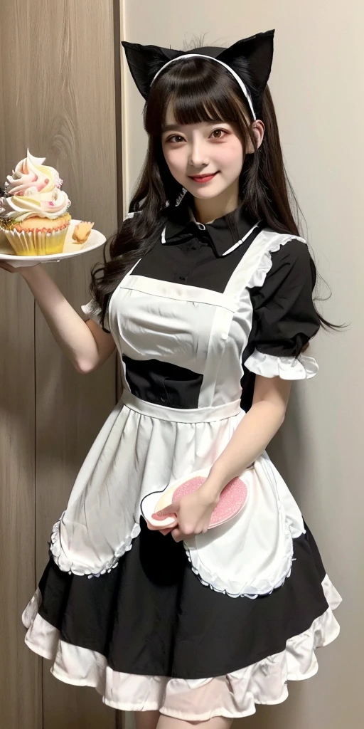 anime girl in Maid outfit holding a plate with a cupcake, anime girl in a Maid costume, Maid outfit, anime cat girl in a Maid costume, Maid dress, Maid, Cute anime waifu in a nice dress, gorgeous Maid, I also make fan art, Cute girl anime visuals, wearing Maid uniform, Rorish, Lori, Splash Art Anime Loli