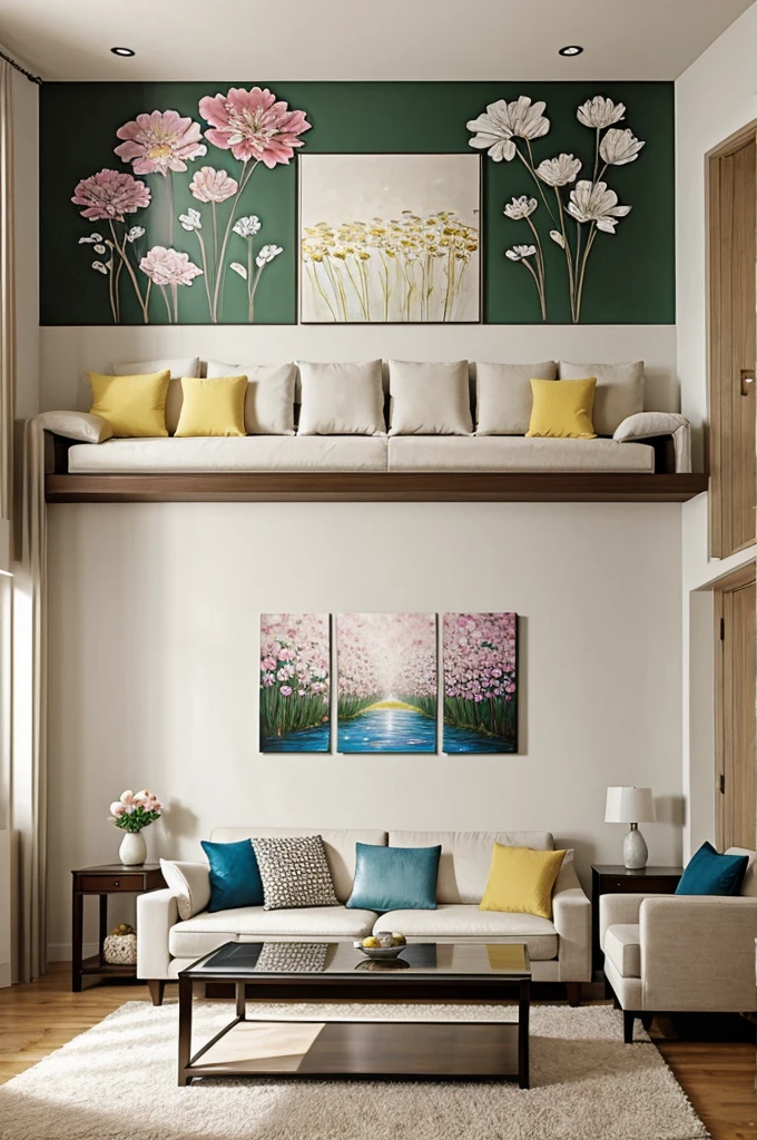 Big room beautiful flowers in first wall
2nd wall decor with painting
Third wall against the first wall sofa
