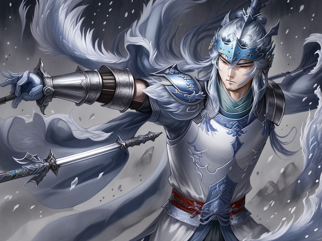 A valiant and heroic portrait of Zhao Yun, a general from the Three Kingdoms era. He wears silver armor with a blue plume on his helmet, and holds a long spear. He is depicted in a dynamic pose, ready to charge into battle, with a determined expression.
