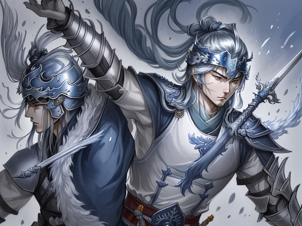 A valiant and heroic portrait of Zhao Yun, a general from the Three Kingdoms era. He wears silver armor with a blue plume on his helmet, and holds a long spear. He is depicted in a dynamic pose, ready to charge into battle, with a determined expression.