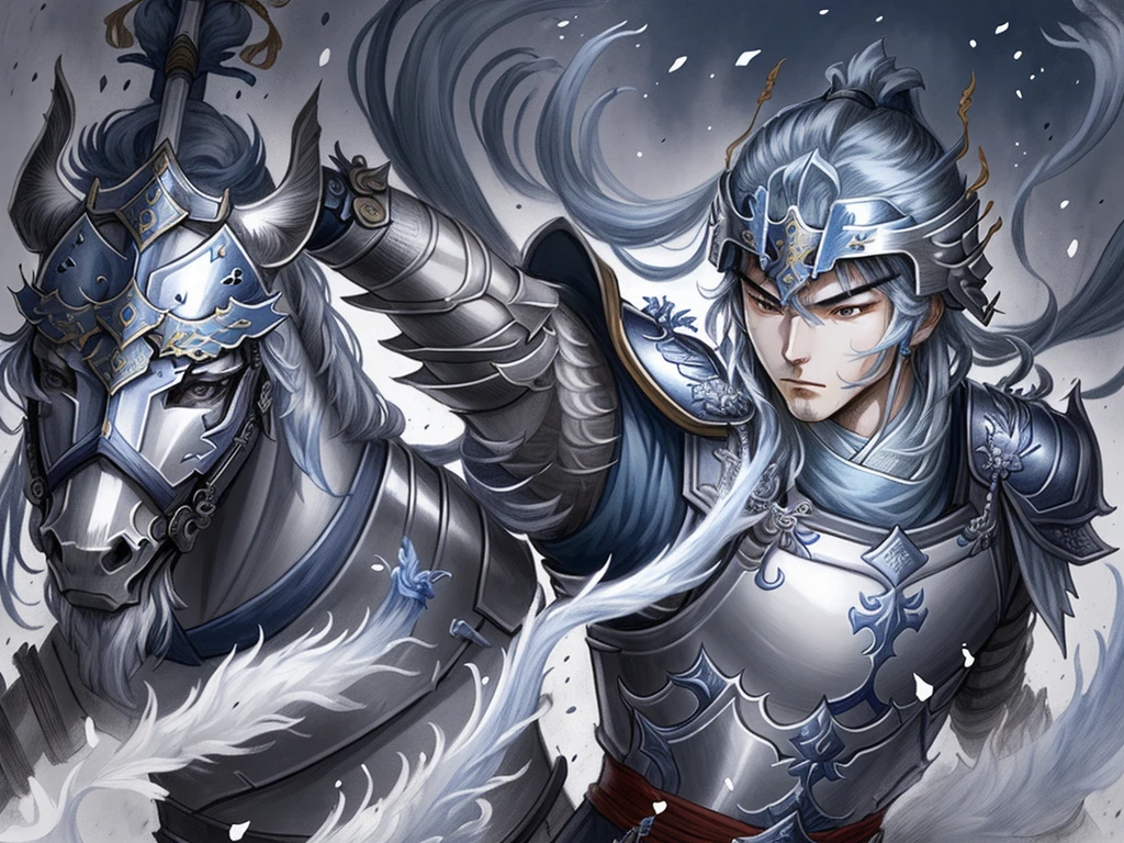 A valiant and heroic portrait of Zhao Yun, a general from the Three Kingdoms era. He wears silver armor with a blue plume on his helmet, and holds a long spear. He is depicted in a dynamic pose, ready to charge into battle, with a determined expression.