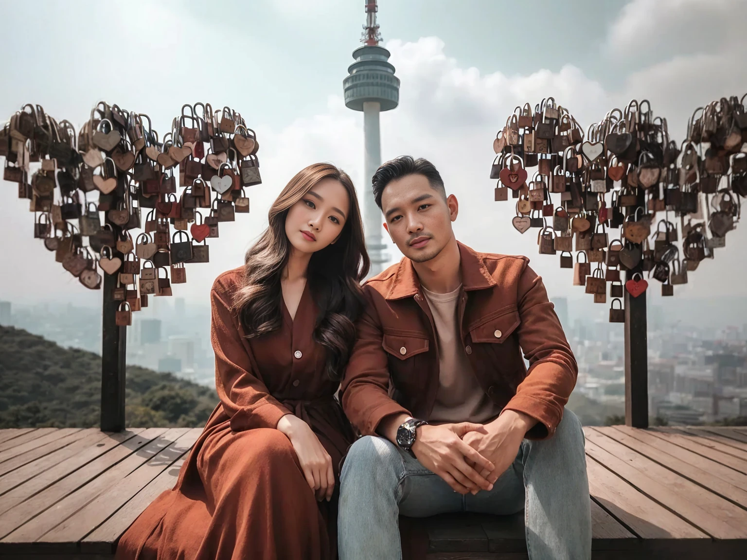 Outdoor Photography, Indonesian, a man very short crew hair aged 38 years and a woman aged 27 years long haired, posing sits with romantic, all wearing casual clothes in brown color, background namsan tower with many love shape lockpicks behind them, fresh color, 8k, photography, UHD.