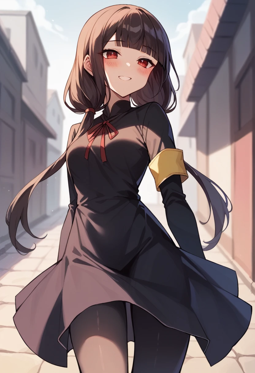 nsfw、masterpiece, Highest quality, High resolution, Long Hair, Low twin tails, Blunt bangs, clavicle, Neck ribbon, Red ribbon, Black Dress, Black Shirt, Long sleeve, Black sleeves, Armband, Black Pantyhose, Are standing, Cowboy Shot, Outdoor, smile, Mouth closed,Only the chest area is exposed、blush、Vaginal 、whole body、Climax、blush