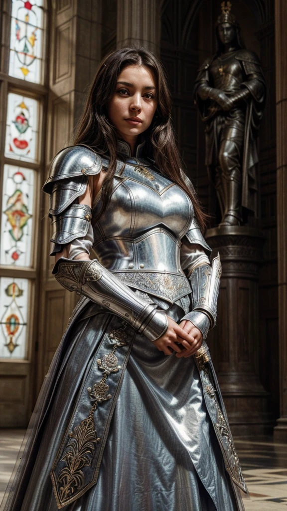 The Face of Europe、She has short dark brown hair and brown eyes.、Beautiful portrait of an elegant woman。She is clad in magnificent iron plate armor and chainmail.。Underneath the armor she wears a white gown。Holding a sword in both hands、Symbolizes strength and purity。The background is mysterious and、White roses are blooming、With pigeons flying、With the cathedral windows in the background。The images are very detailed and、It has a sacred and angelic atmosphere.、It captures the essence of a holy warrior.。Jeanne d'Arc