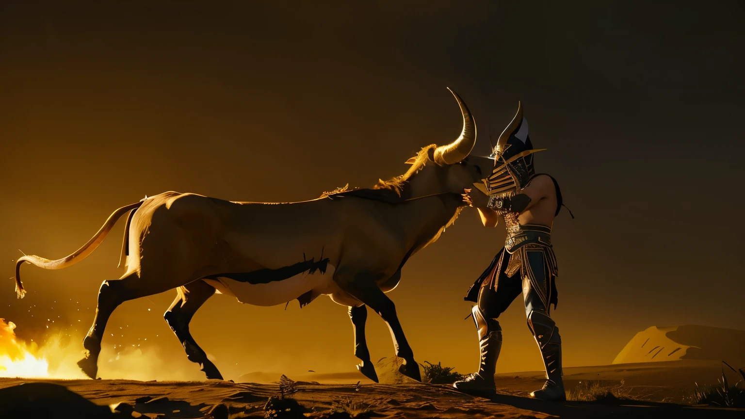 one pharaoh grabbed the bull by the horns and engaged in a struggle of strength. he is pharaoh. detail face. pharaoh don't have a mask