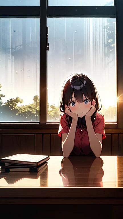 She is sitting on a chair at the table in the room...,I sat in front of her,(((She turned her face away.、Staring out the window))),Rainy season sky,(The sun just came out a little),the sun's rays shine on her face,((she is drinking coffee)),(((Look out the window))),Highest quality, masterpiece, Ultra-high resolution, 8K, Show anime style , One, Soft line drawing, Digital Enhancement, shojo anime touch, shojo manga core, Flowing fabric, close, Soft Drawing, Ultra High Definition Digital Anime Art, Clear facial depiction, Highly detailed girl manga character art, Ultra-detailed manga style, Highest qualityの色, (Short brown hair), Wet Hair,Beautiful brown hair, Clear brown eyes, A little thick,Small breasts,Small Ass,Teasing Smile,Close-up profile