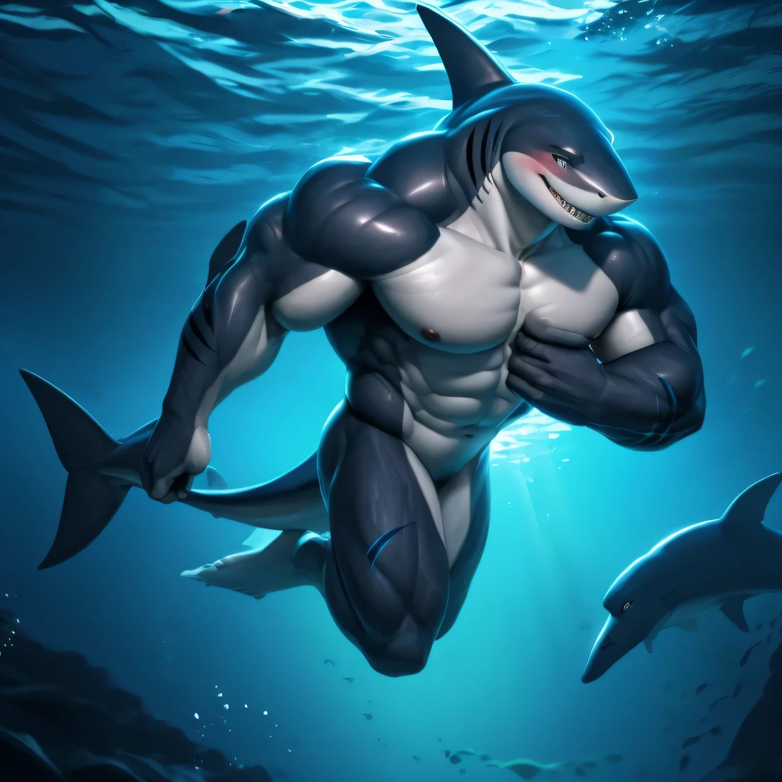 anthro, male shark, handsome. big body, muscular, (full nude,) night, smile, blush, realistic, Undersea, swiming, A floating pose, cunt, vagina,