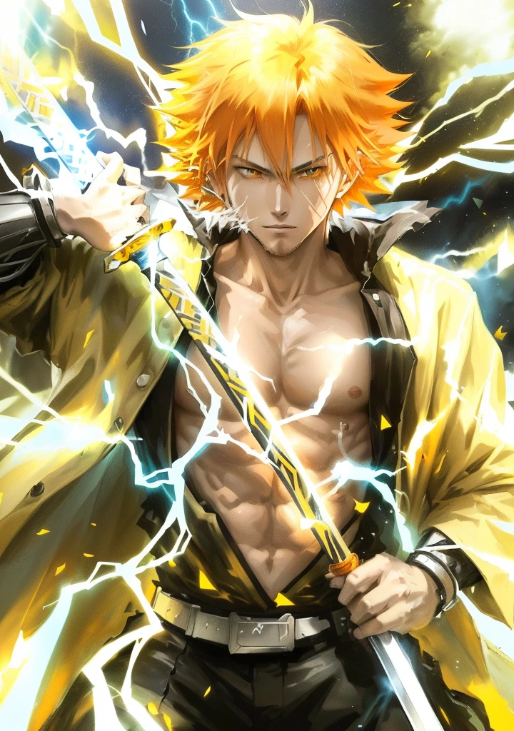 anime guy with orange hair holding a sword and lightning, advanced digital anime art ”, badass anime 8 k, advanced anime digital art, ichigo kurosaki, anime lighting, anime epic artwork, advanced digital anime art, orange - haired anime boy, anime digital art, bleach manga style, digital advanced anime art, ichigo, anime style 4 k, digital anime art!!