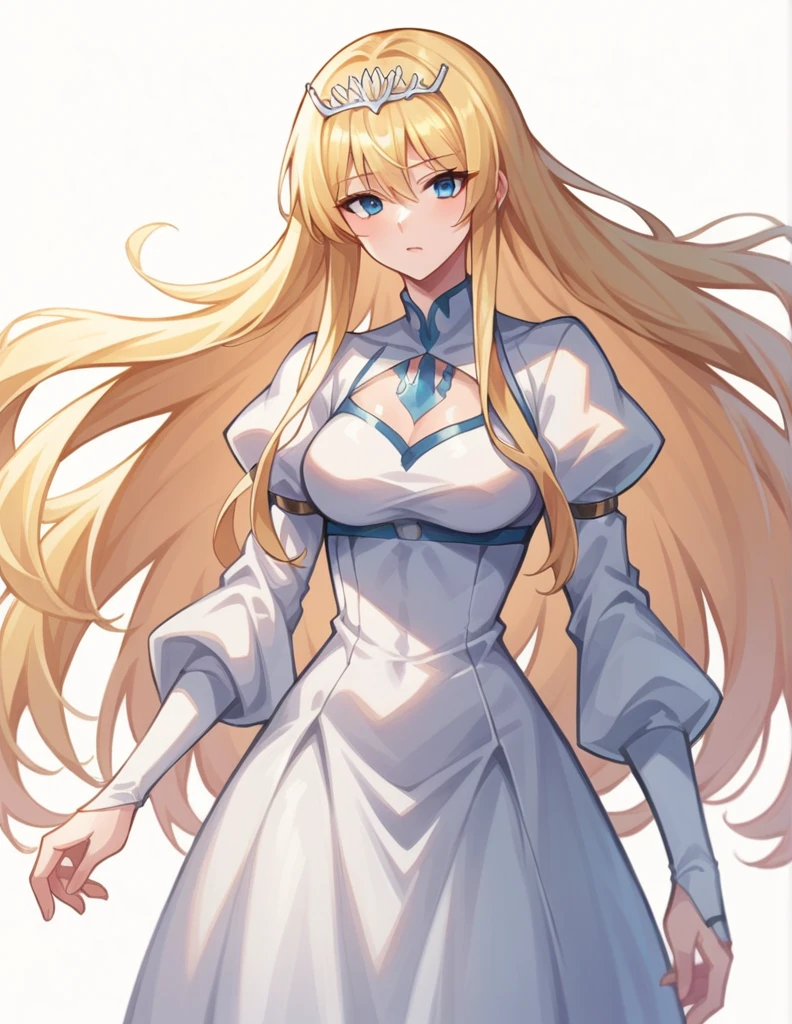 score_9, score_8_up, score_7_up, white background, simple background,
BREAK
source_anime
BREAK
1girl, solo, Calca, Calca Bessarez, blonde hair, (extremely long hair1.3), very long hair, white tiara, white dress, blue eyes, medium chest,extremely long hair