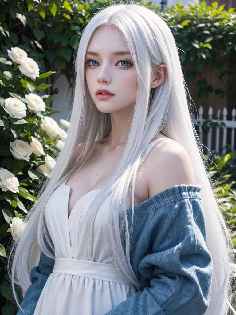 Long white hair, blue eyes, serious features, white skin, loose style, in a garden