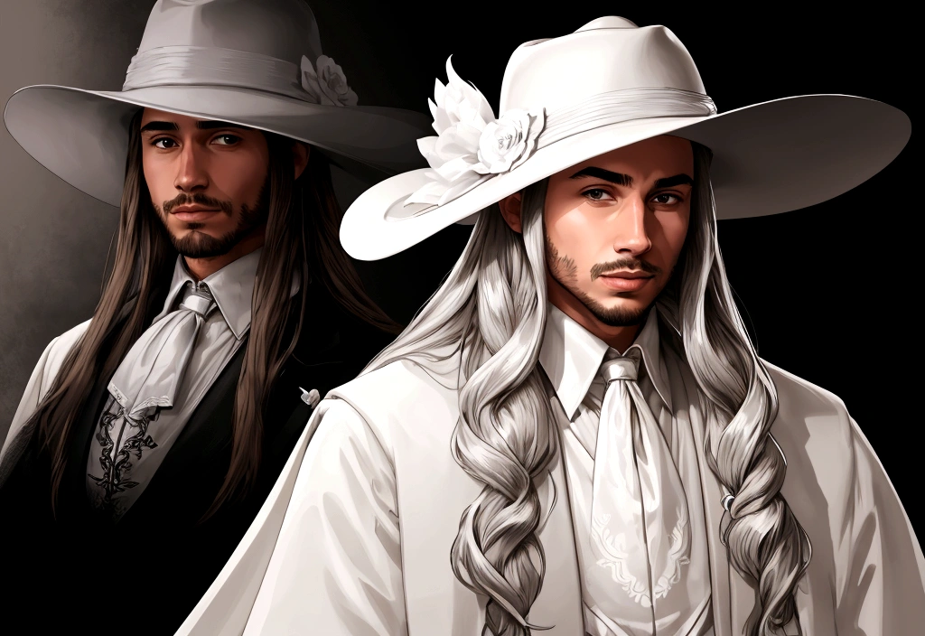 portrait of a man wearing a white hat, long hair, looking half body