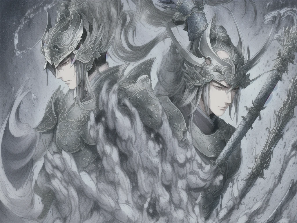A valiant and heroic portrait of Zhao Yun, a general from the Three Kingdoms era. He wears silver armor with a blue plume on his helmet, and holds a long spear. He is depicted in a dynamic pose, ready to charge into battle, with a determined expression.