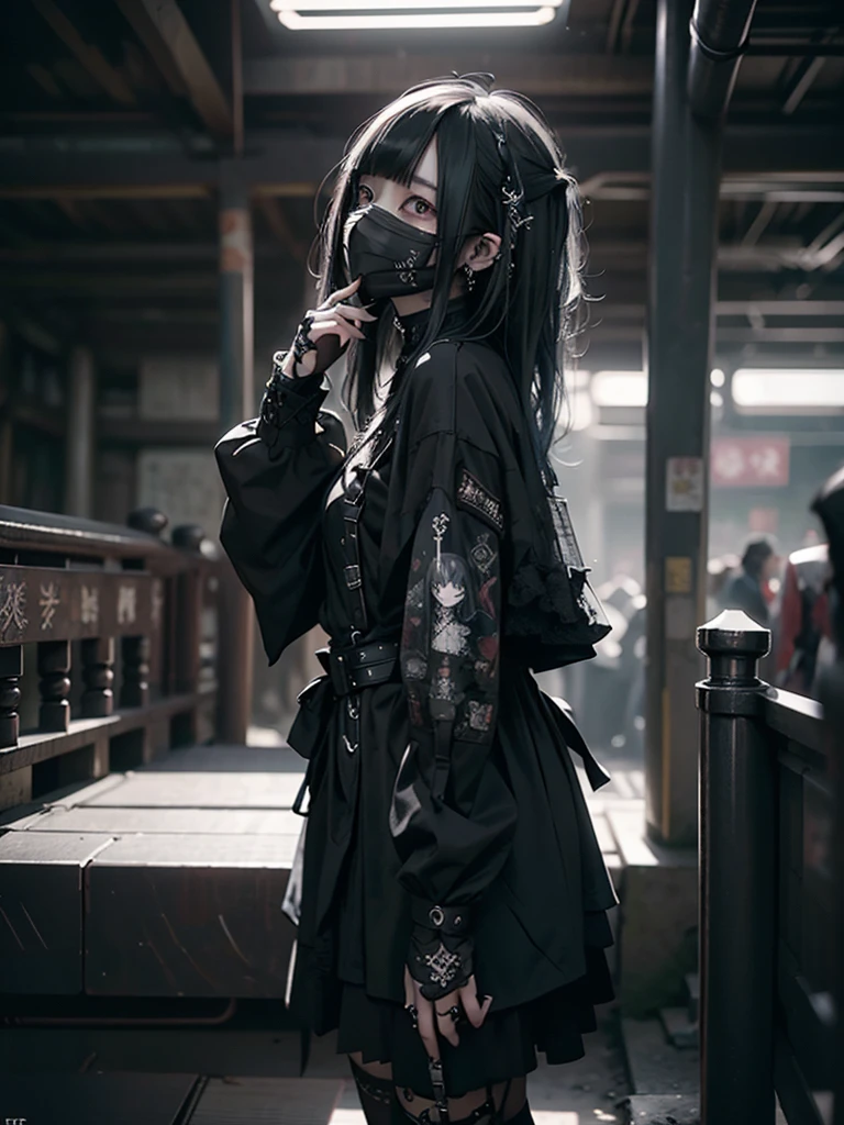 Highest quality、8K、masterpiece:1.3、Gothic Punk、The inside color is red、Black-haired、hair ornaments、Beautiful girl、creative、Dark Fantasy Style、Neogoth、Goth Fashion:1.2、High resolution、masterpiece、Highest quality、頭w:1.3、((Hasselblad Photos))、Fine skin、Sharp focus、(Cinematic lighting)、Realistic textured hair、((Black Mask)),Esbian all over、((View from below))