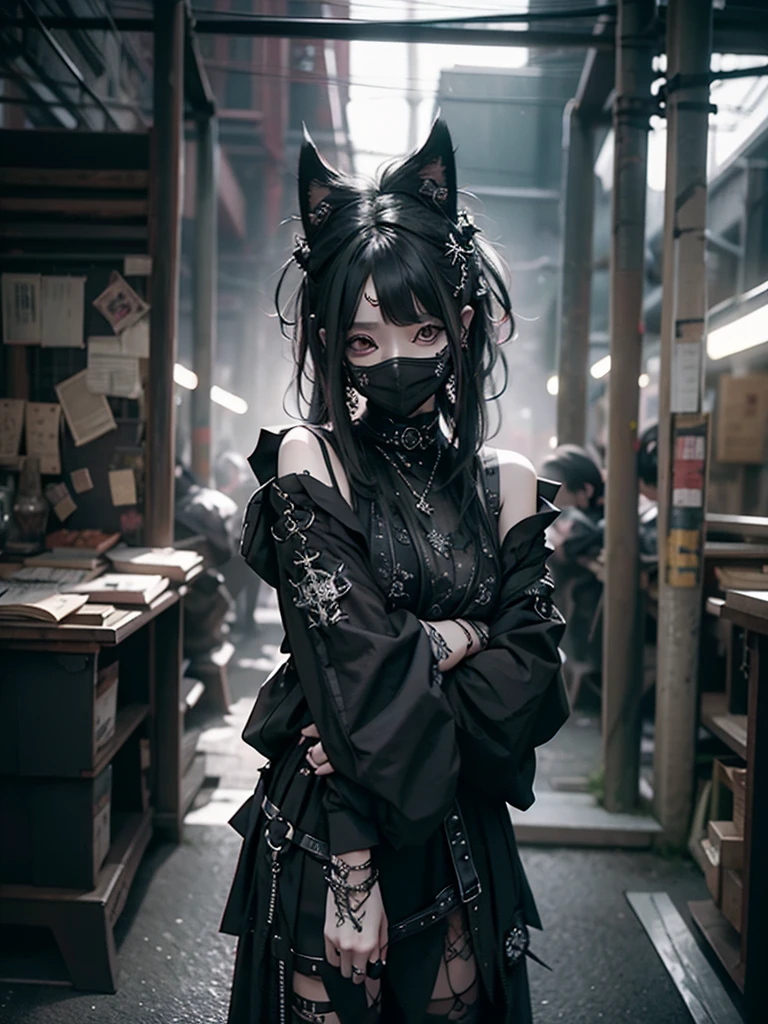 Highest quality、8K、masterpiece:1.3、Gothic Punk、The inside color is red、Black-haired、hair ornaments、Beautiful girl、creative、Dark Fantasy Style、Neogoth、Goth Fashion:1.2、High resolution、masterpiece、Highest quality、頭w:1.3、((Hasselblad Photos))、Fine skin、Sharp focus、(Cinematic lighting)、Realistic textured hair、((Black Mask)),Esbian all over、((View from below))