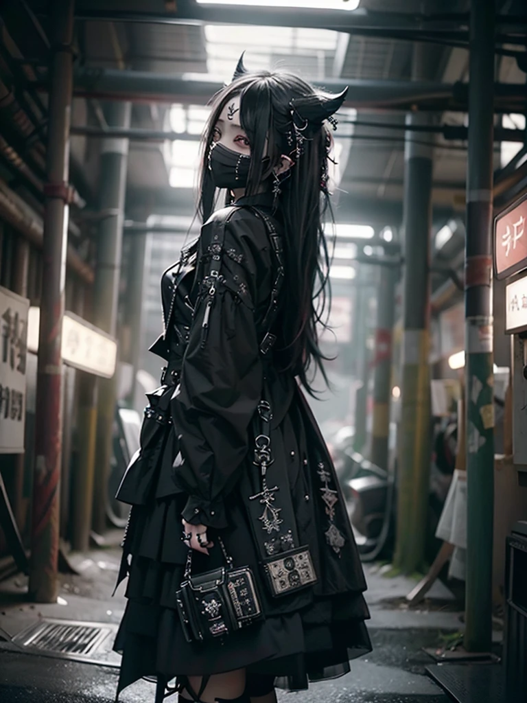 Highest quality、8K、masterpiece:1.3、Gothic Punk、The inside color is red、Black-haired、hair ornaments、Beautiful girl、creative、Dark Fantasy Style、Neogoth、Goth Fashion:1.2、High resolution、masterpiece、Highest quality、頭w:1.3、((Hasselblad Photos))、Fine skin、Sharp focus、(Cinematic lighting)、Realistic textured hair、((Black Mask)),Esbian all over、((View from below))
