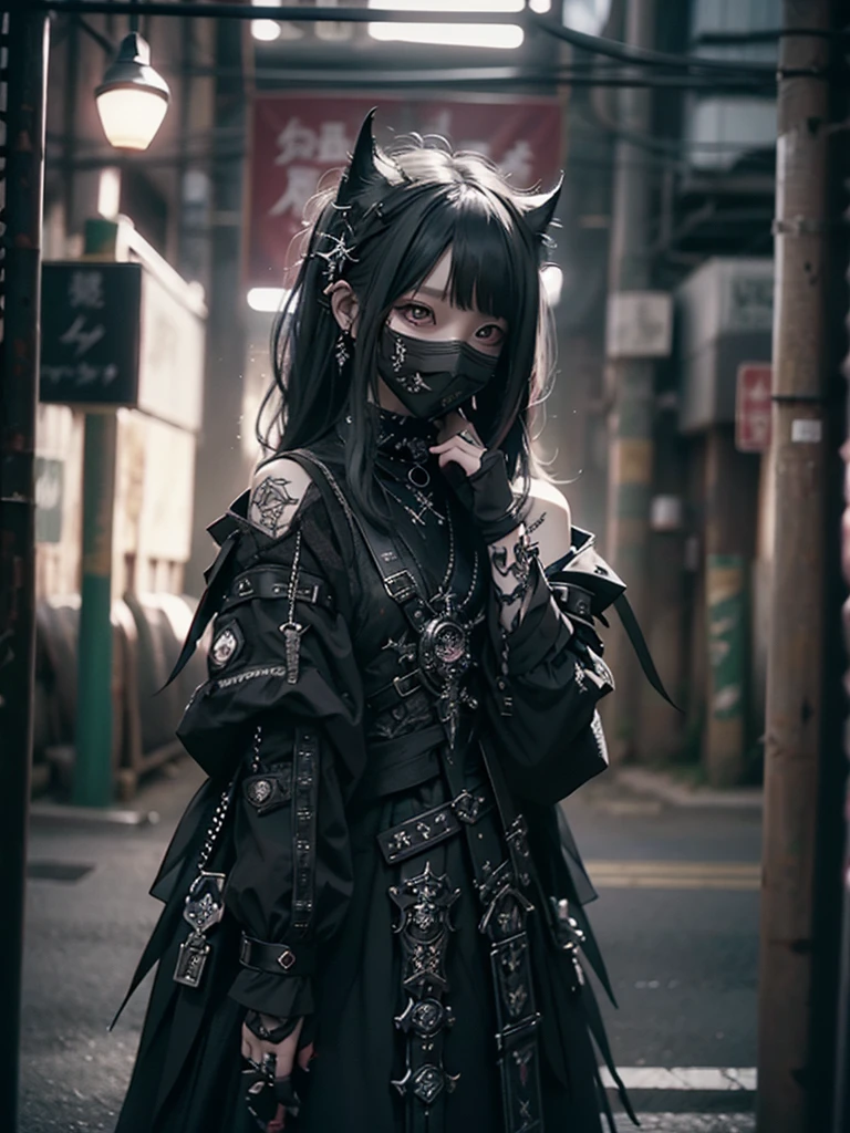 Highest quality、8K、masterpiece：1.3、Gothic Punk、The inside color is red、Black-haired、hair ornaments、Beautiful girl、creative、Dark Fantasy Style、Neogoth、Goth Fashion：1.2、High resolution、masterpiece、Highest quality、頭w:1.3、((Hasselblad Photos))、Fine skin、Sharp focus、(Cinematic lighting)、Realistic textured hair、((Black Mask)),Esbian all over、((View from below))