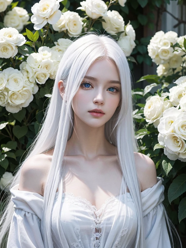 Long white hair, blue eyes, serious features, white skin, loose style, in a garden, with flowers 