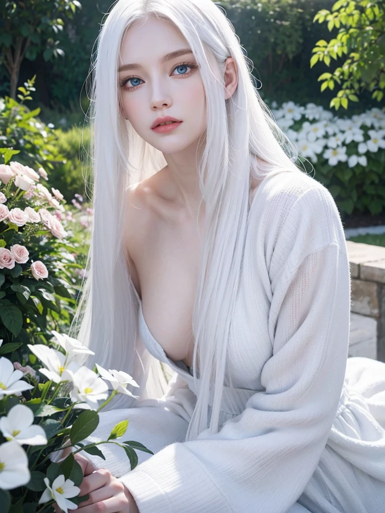 Long white hair, blue eyes, serious features, white skin, loose style, in a garden, with flowers 