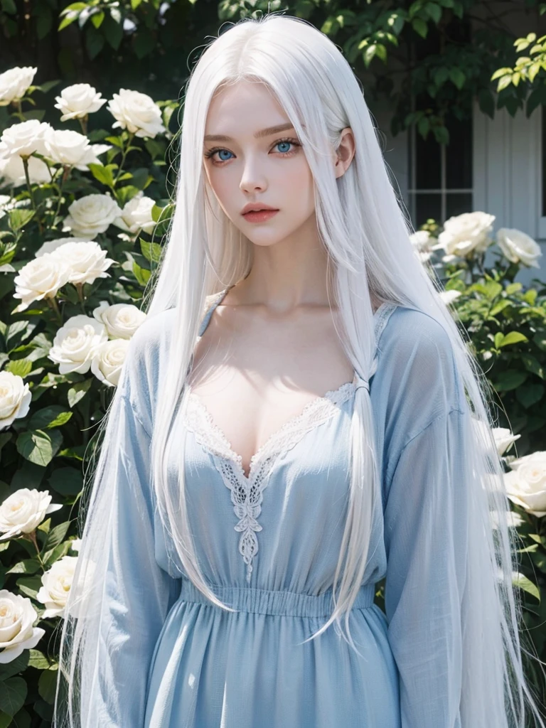 Long white hair, blue eyes, serious features, white skin, loose style, in a garden, with flowers 