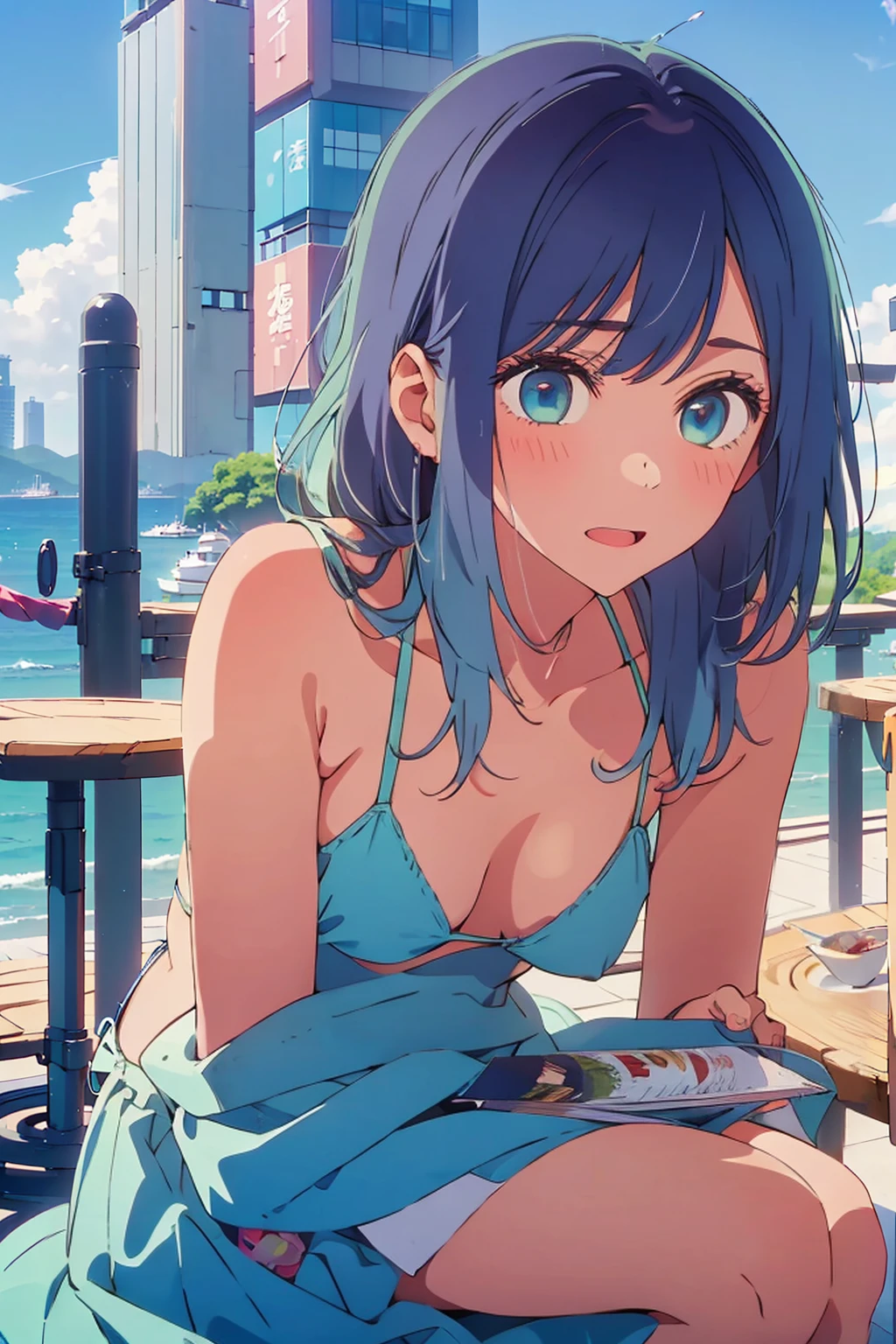 (Highest quality:1.4、8K:1.4、detailed)、F cup bust、Big Breasts、Slim body、Very white beautiful skin、((((1 person、Surprised expression、sit、Chair、In the background are the urban buildings of Tokyo、looking at the camera、Outdoor café terrace、coastal、Navy hair color、juice、Shooting up close、table、Very cute face))))、(Pose of putting hair behind ears with hands:1.4）、((nude、Areola、Small size bikini))、Very blue sky、A completely cloudless sky