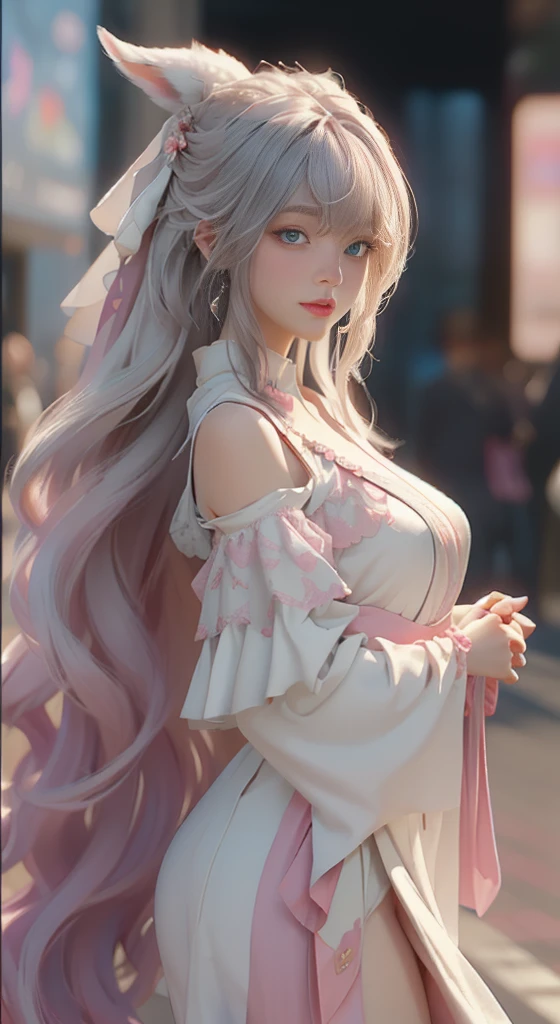 ((best qualtiy)), ((tmasterpiece)), (detail:1.4), Beautiful cyberpunk female images,hdr(HighDynamicRange),Ray traching,NVIDIA RTX,Hyper-Resolution,illusory 5,sub surface scattering,PBR textures,post-proces,Anisotropy Filtering,depth of fields,maximum definition and sharpness,Many-Layer Textures,Albedo e mapas Speculares,Surface coloring,Mitsu-Accurate simulation of material interactions,perfectly proportioned,rendering by octane,Two-colored light,largeaperture,Low ISO,White balance,Rule three points、8K raw data、Beautiful bright blue pupils,off-the-shoulder clothes,Fine pupils,Delicate face and eyes,long eyelasher,Blushlush,Delicate and fluffy hair,pink lip,Pure,Cute face,Sweet girl,Artistic sense,Casual wear,Advancedsense,butterflys,Cherry blossom petal,Beautiful hair accessories,Long hair and waist,Hair fluttering in the wind,Snow-white fox ears,curlies,Snow-white fluffy tail,Positive light,The light from the back window is backlighted