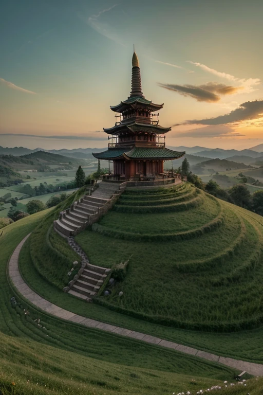 arafed view of a hill with a pagoda on top, grass spiral mountain landscape, amazing landscape, green hills, really beautiful nature, grassy hills, beautiful place, beautiful nature, breathtaking landscape, grass mountain landscape, the most beautiful landscape, rolling green hills, beautiful mountains, stunning landscape, incredibly beautiful, most epic landscape, pagodas on hills