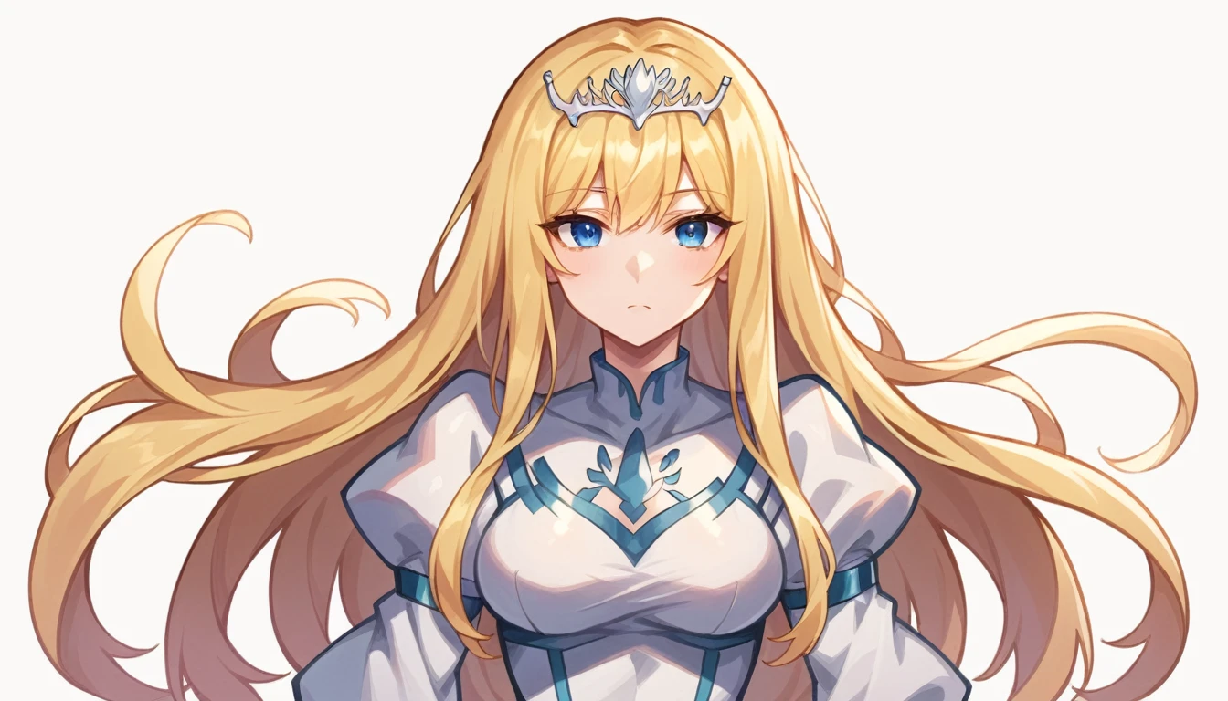 score_9, score_8_up, score_7_up, white background, simple background,
BREAK
source_anime
BREAK
1girl, solo, Calca, Calca Bessarez, blonde hair, (extremely long hair1.3), very long hair, white tiara, white dress, blue eyes, medium chest,extremely long hair