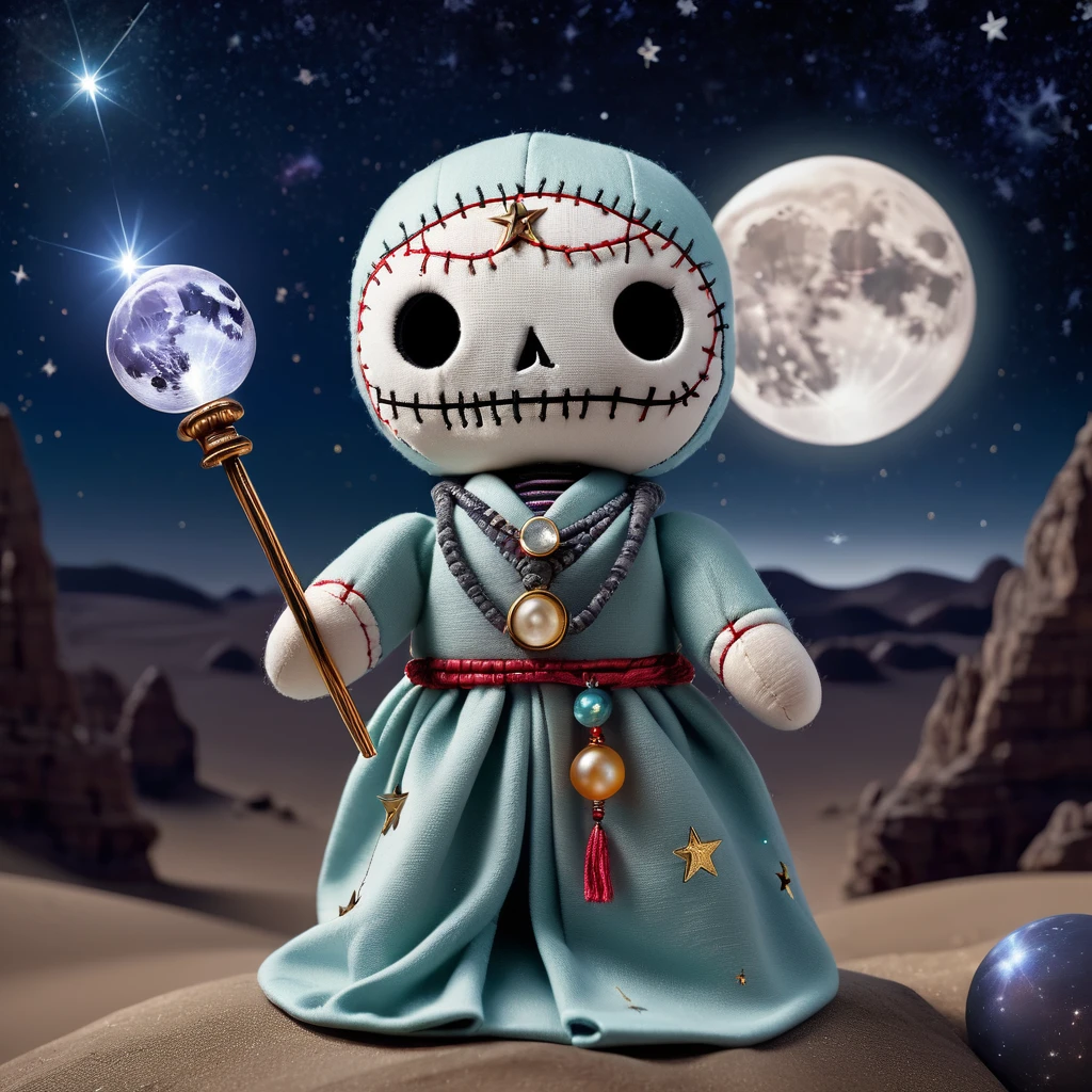 (knitted toy voodoo doll:1.6), (Voodoo Moon Sage:1.3), (Long silver robe decorated with stars and lunar symbols:1.0), (Crystal ball, magic wand with moonstone:1.1) (against the background of a lunar landscape with craters and a starry sky:1.3), best quality, masterpiece, detailed soft oil painting, detailed background, dramatic cinematic lighting, soft edge lighting, professional, dramatic lighting, hard edge lighting, ultra quality, 4k, masterpiece, best quality, 8k, ultra high definition, high resolution, extremely detailed