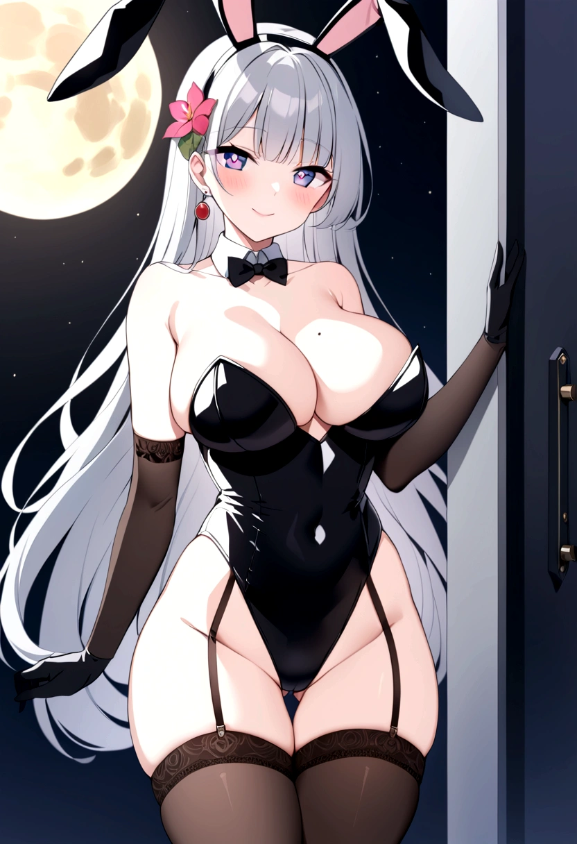 slender, mature female, breasts, 1girl, bunny_ears, leotard, long_hair, animal_ears, bare_shoulders, solo, garter_straps, gloves, black_gloves, rating:safe, large_breasts, thighhighs, cleavage, purple_eyes, jewelry, mole, earrings, very_long_hair, bunnysuit, looking_at_viewer, mole_on_breast, smile, black_legwear, detached_collar, black_leotard, highleg, highleg_leotard, strapless, hair_ornament, strapless_leotard, thighs, mole_under_eye, silver_hair, hairband, between_breasts, covered_navel, fake_animal_ears, ass_visible_through_thighs, thigh_gap, moon, blush, off_shoulder, cowboy_shot, groin, elbow_gloves, skindentation, closed_mouth, tail, standing, flower, bangs, black_neckwear, hair_flower, eyebrows_visible_through_hair, brown_legwear, collarbone, symbol-shaped_pupils, garter_belt