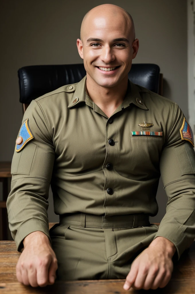 ((8k ((best quality)), ((masterpiece)), (very detailed), real face bald male muscular male full body wear soldier suit sit on table smiling