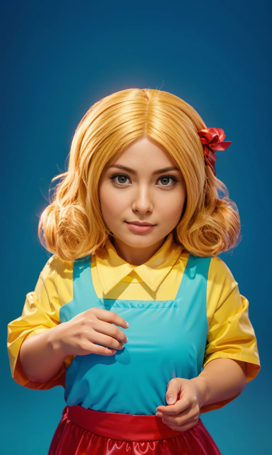 The image shows a super cute with blinde hair, wearing a yellow t-shirt anh turquoise top, and a red skirt, cute , baby girl, smooth 3d model, glossy plastic texture, multiple light sources, rim light, sharp post effects render, most beautiful vfx, , realistic, 4k, high resolution, rim light, smooth 3d model. , glossy texture, smooth 3d model, multiple light sources, rim light, sharp post effects render, (glossy plastic texture with multiple big light probe refractions), perfect cgi, reflective, best quality, 4k, masterpiece:1.2, ultra-detailed, realistic, vivid colors, The image of the highest quality, ensuring every detail showcased perfectly. It in 4k resolution, allowing viewers to immerse themselves in the richness of the colors and intricate details. The realistic rendering. under the spotlight, reflecting, high-resolution image, realistic rendering
