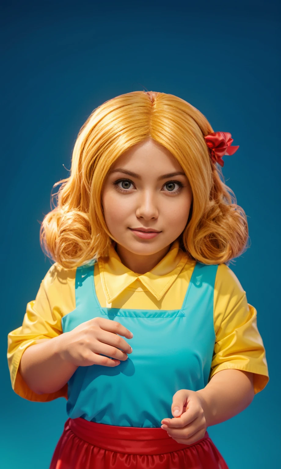 The image shows a super cute with blinde hair, wearing a yellow t-shirt anh turquoise top, and a red skirt, cute , baby girl, smooth 3d model, glossy plastic texture, multiple light sources, rim light, sharp post effects render, most beautiful vfx, , realistic, 4k, high resolution, rim light, smooth 3d model. , glossy texture, smooth 3d model, multiple light sources, rim light, sharp post effects render, (glossy plastic texture with multiple big light probe refractions), perfect cgi, reflective, best quality, 4k, masterpiece:1.2, ultra-detailed, realistic, vivid colors, The image of the highest quality, ensuring every detail showcased perfectly. It in 4k resolution, allowing viewers to immerse themselves in the richness of the colors and intricate details. The realistic rendering. under the spotlight, reflecting, high-resolution image, realistic rendering