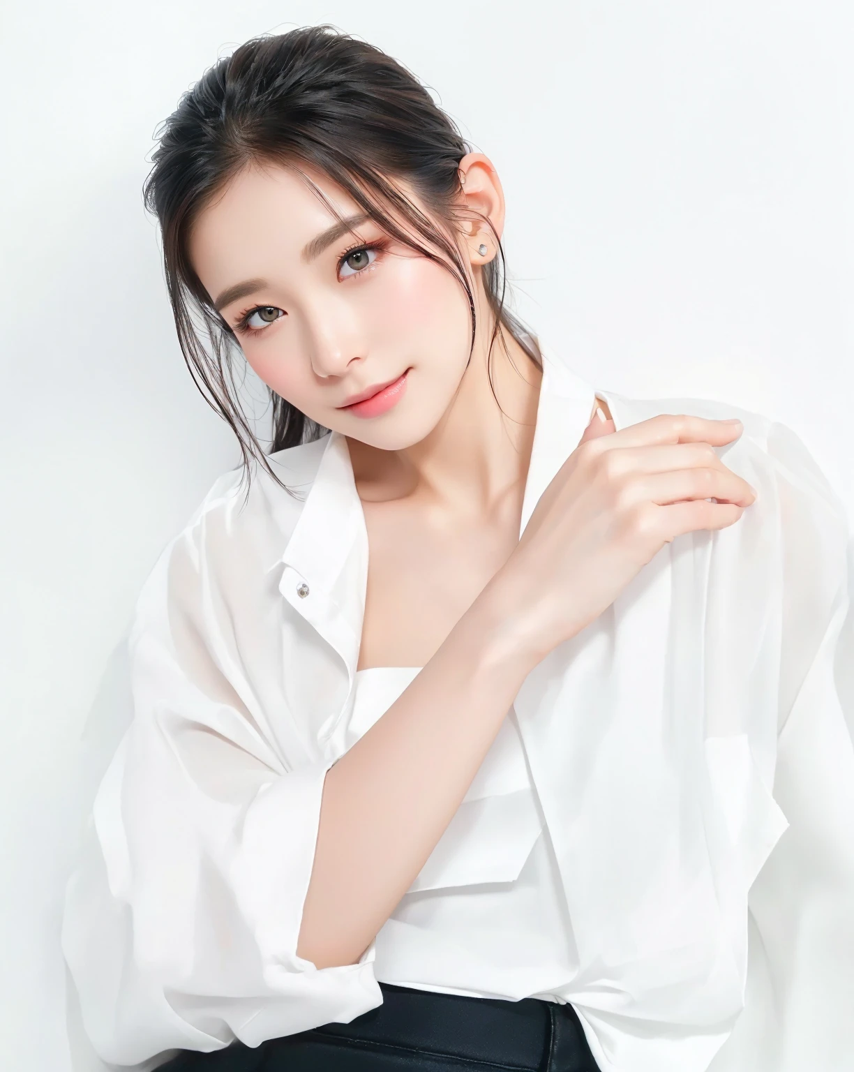 ((Best Quality, 8K, Masterpiece, : 1.3)), Sharp, Sharp, Beauty: 1.2, Perfect Body Beauty: 1.4, Slim Abs: 1.2, ((Layered Hairstyle, Big: 1.2)), Highly Detailed Face and Skin Texture, Detailed Eyes, Double Eyelids, looking at the camera, cute pink tone makeup, stunning, gorgeous, slight smile, clear eyes, blink eyes