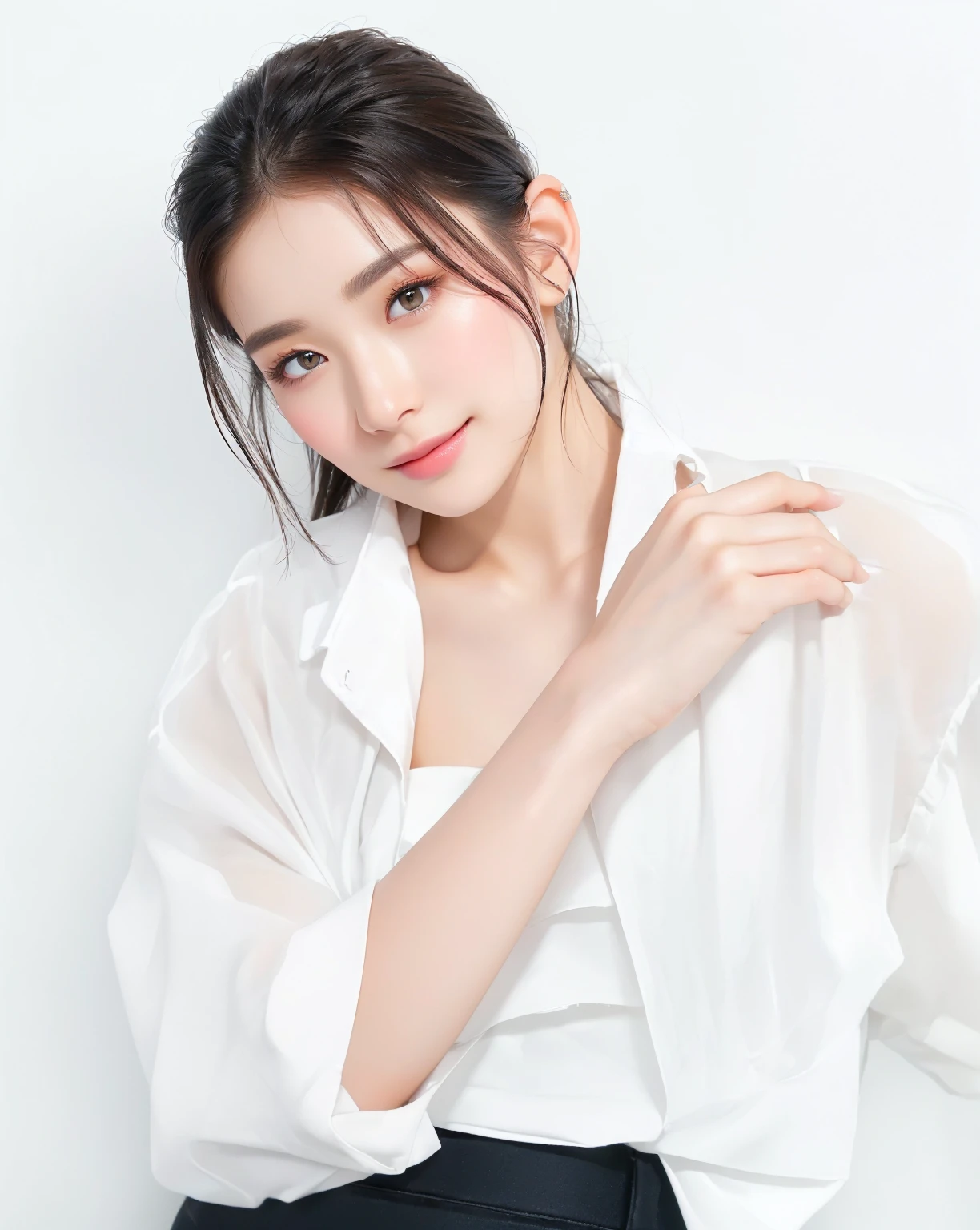 ((Best Quality, 8K, Masterpiece, : 1.3)), Sharp, Sharp, Beauty: 1.2, Perfect Body Beauty: 1.4, Slim Abs: 1.2, ((Layered Hairstyle, Big: 1.2)), Highly Detailed Face and Skin Texture, Detailed Eyes, Double Eyelids, looking at the camera, cute pink tone makeup, stunning, gorgeous, slight smile, clear eyes, blink eyes
