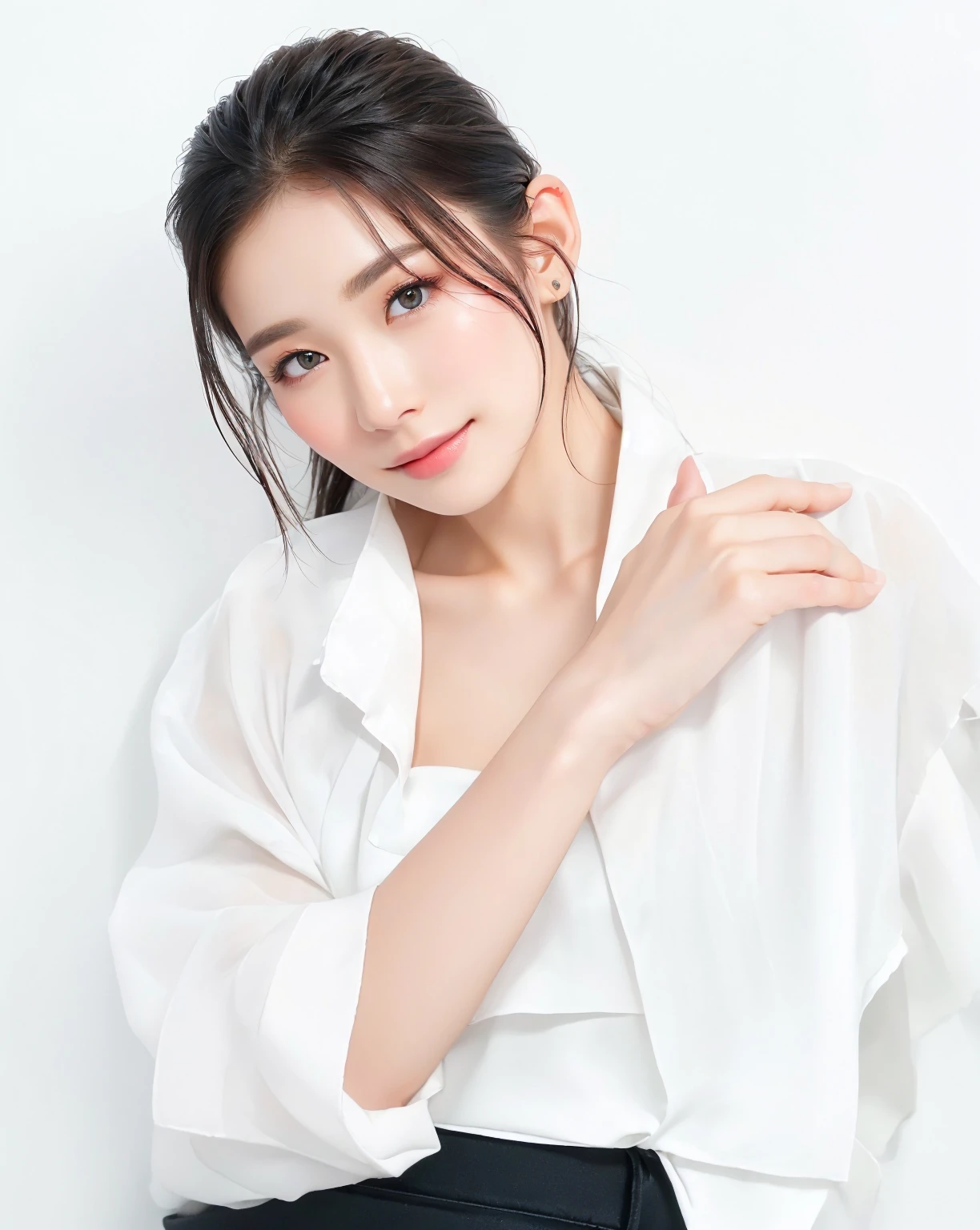 ((Best Quality, 8K, Masterpiece, : 1.3)), Sharp, Sharp, Beauty: 1.2, Perfect Body Beauty: 1.4, Slim Abs: 1.2, ((Layered Hairstyle, Big: 1.2)), Highly Detailed Face and Skin Texture, Detailed Eyes, Double Eyelids, looking at the camera, cute pink tone makeup, stunning, gorgeous, slight smile, clear eyes, blink eyes
