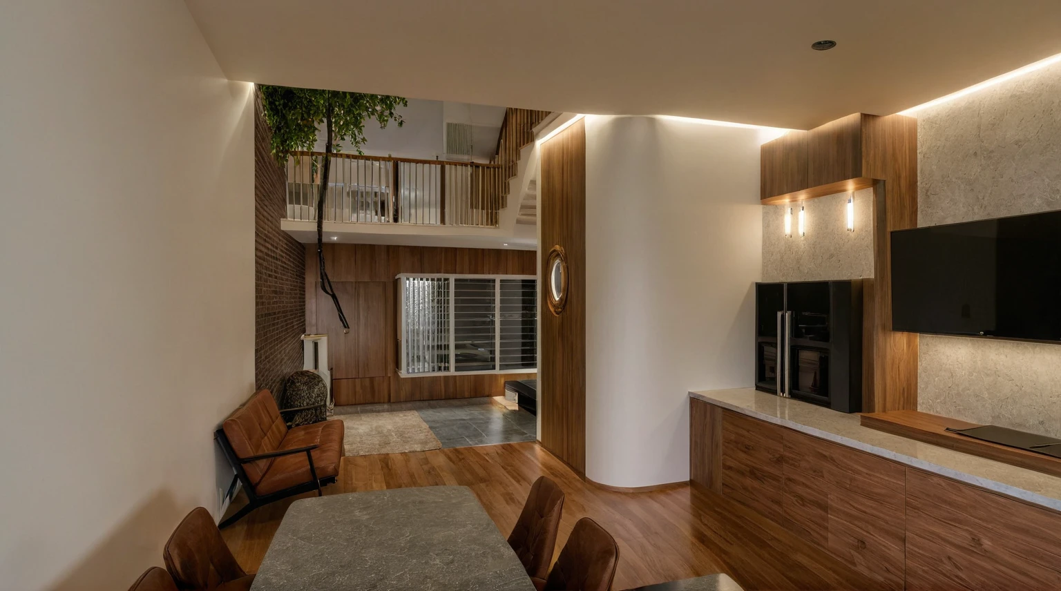 Raw photo,Masterpiece, high quality, best quality, authentic, super detail, interior, indoors, style Indochine modern, minimalist line, aiaigroup , wooden, walnut veneer wood, led light, white paint wall, sofa, BED RooM, day light,