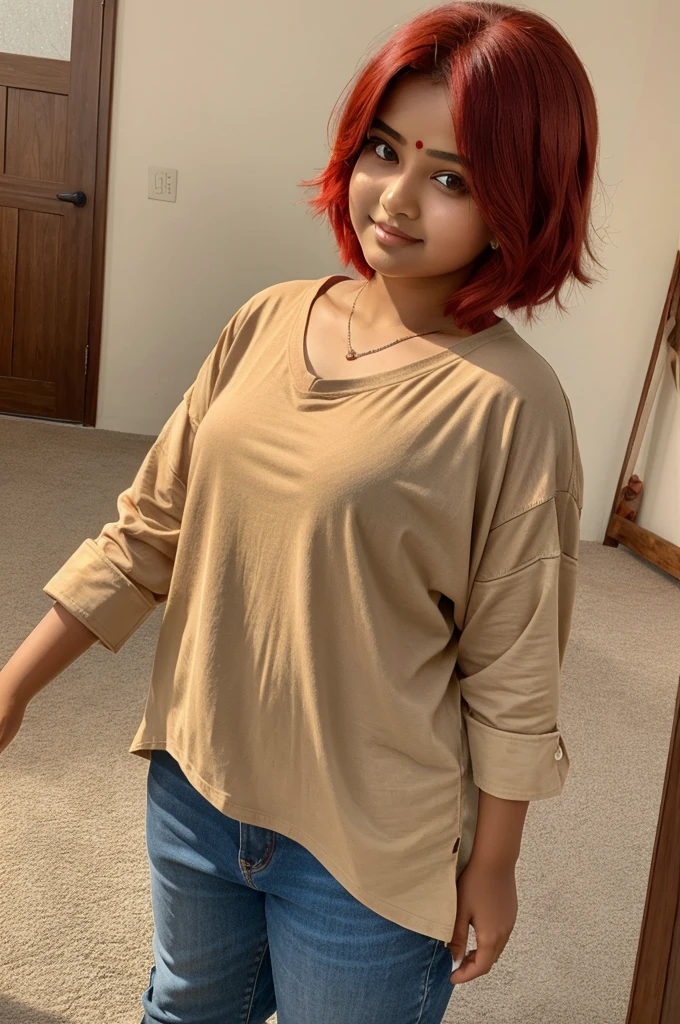 SELFIE young chubby Indian girl with short bright red hair and fair complexion wearing a extremely oversized shirt 