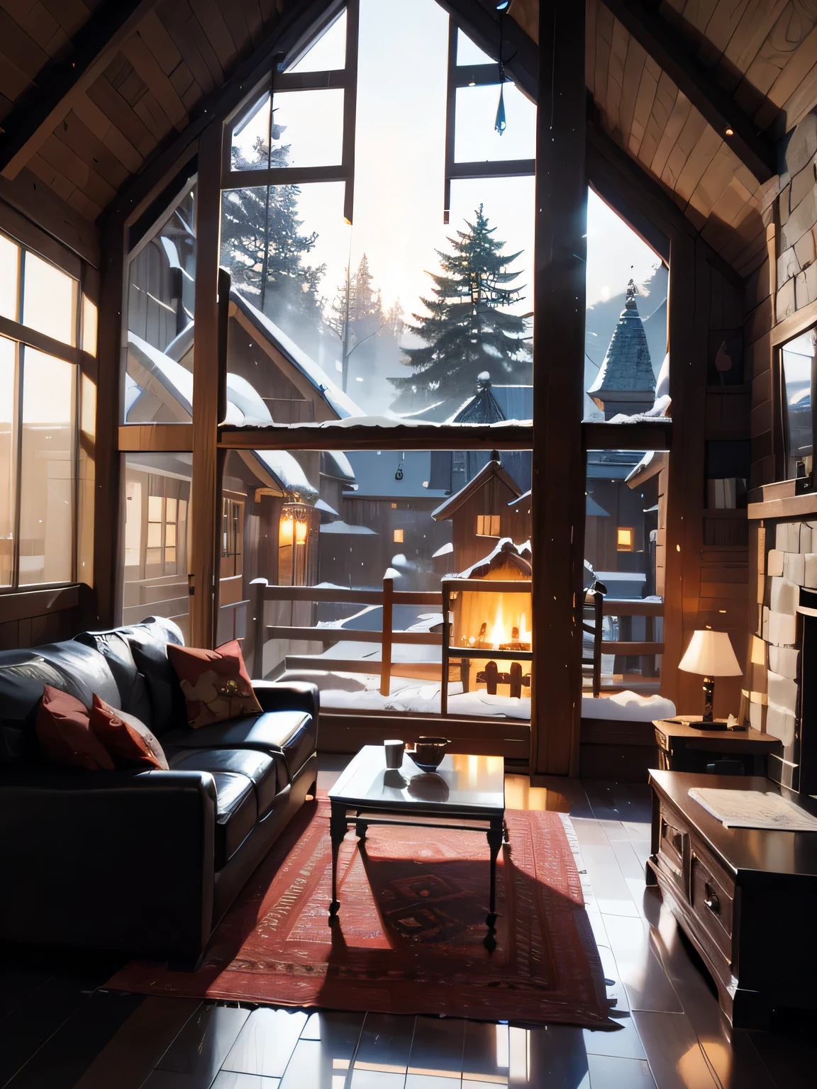 Cartoon background of wooden house living room, (Comfortable atmosphere), (Soft lighting), Bright fire in stone fireplace, Snowy night, Transparent glass window