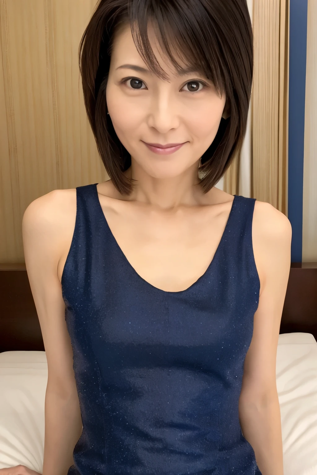 masterpiece, Best quality, Skinny Japanese woman, 40 years old, sexy nightwear, on the bed in a hotel room, correct body structure, slight smile, perfect face, detailed face, detailed eyes