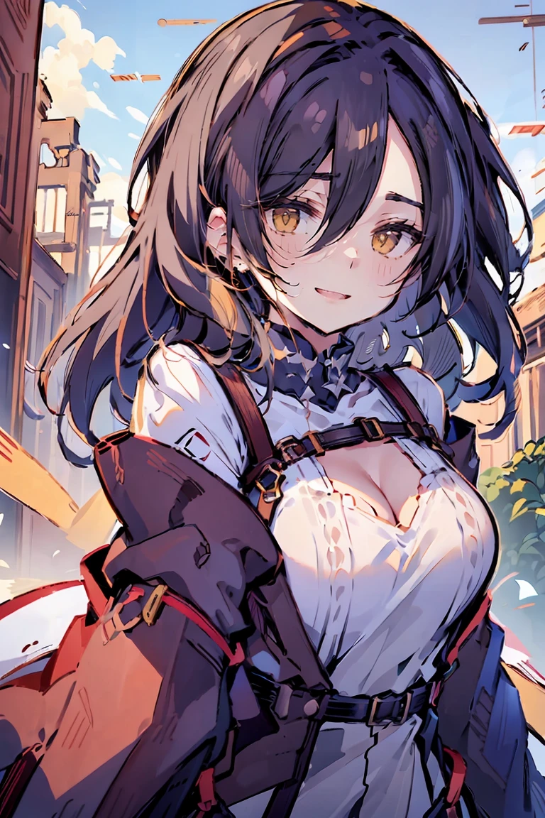 (masterpiece:1.2), (high quality:1.2), (hui xiyi:0.75), rekkyo sensen, rekkyou sensen, girls with((black hair, (tits cleavage:1.15), (waving is hands:1.2), (breasts close up:1.15), (suspenders:1.2), (dress:0.65), (blue clothes:1.05), (belts:0.7), (frills shirt:1.2), (white knit sweater:1.2), camisole, exposed breasts, straps, (long dress:1.1), (cross:1.05), (long wavy hair:1.2), (one side up:1.2), nun, long sleeves, (perfect hands:1.05), (five fingers:1.05))), background with((fantasy world, ruin, castle, beautiful sky, shining sky, sunshine))