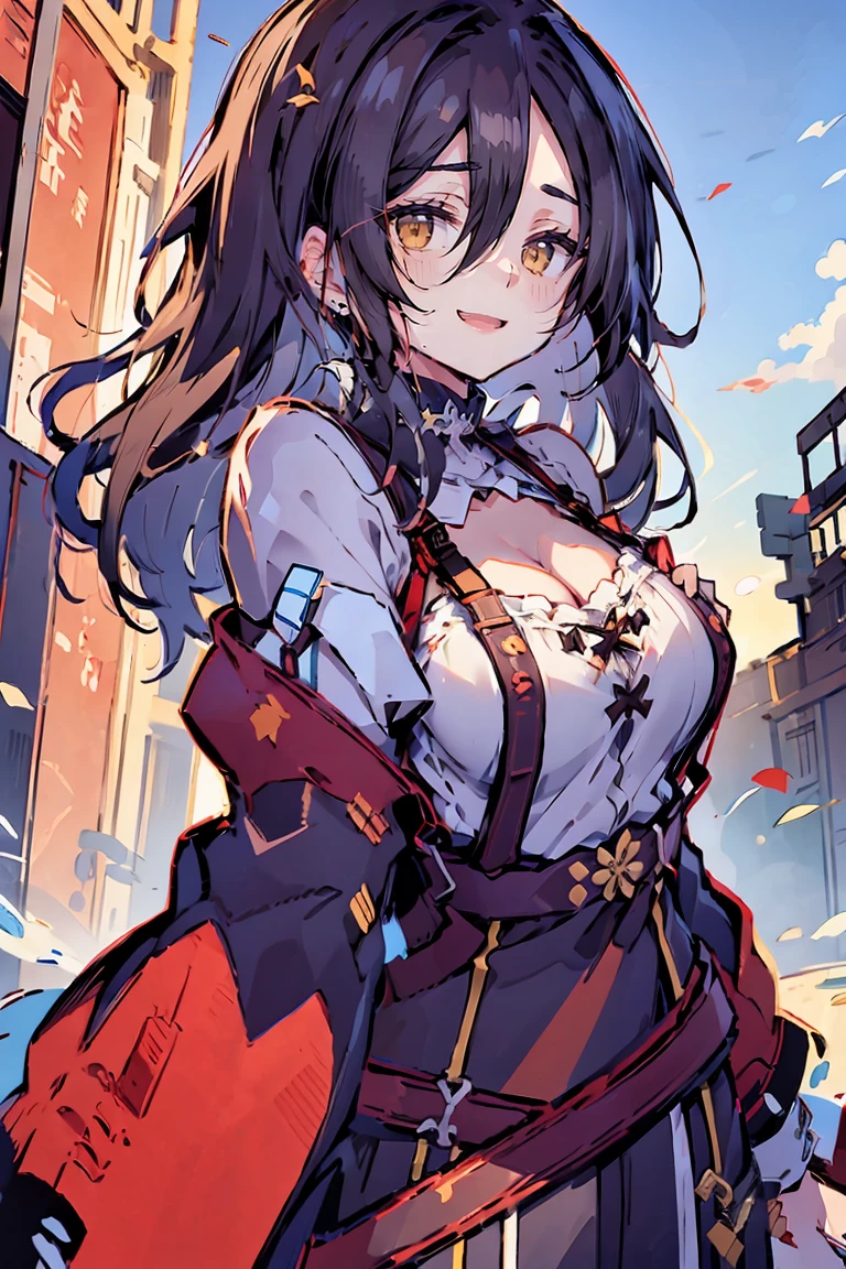 (masterpiece:1.2), (high quality:1.2), (hui xiyi:0.75), rekkyo sensen, rekkyou sensen, girls with((black hair, (tits cleavage:1.15), (waving is hands:1.2), (breasts close up:1.15), (suspenders:1.2), (dress:0.65), (blue clothes:1.05), (belts:0.7), (frills shirt:1.2), (white knit sweater:1.2), camisole, exposed breasts, straps, (long dress:1.1), (cross:1.05), (long wavy hair:1.2), (one side up:1.2), nun, long sleeves, (perfect hands:1.05), (five fingers:1.05))), background with((fantasy world, ruin, castle, beautiful sky, shining sky, sunshine))
