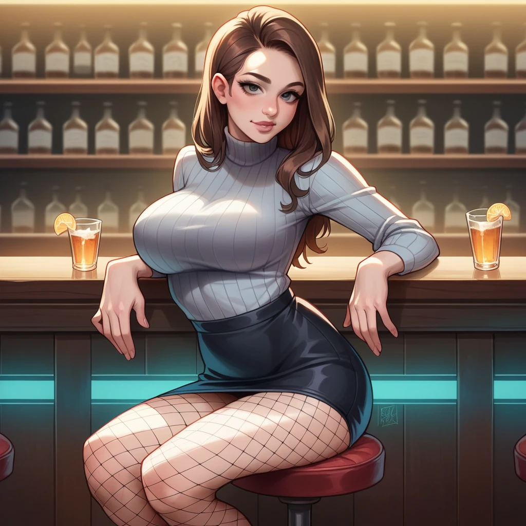 8k, best quality, realistic photos, realistic details, clear face, delicate facial features, real skin shine, a cute girl, shameless, facing the camera, girl sitting in a bar in a gray fishnet sweater and lifting skirt, openlegs, clear bar background, sea view, arms on bar counter, hips, slim body, big breasts, 24 years old, charming, seductive eyes