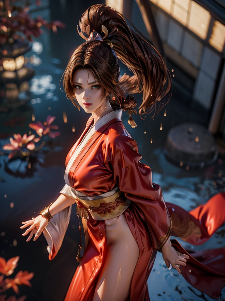 (exquisitely detailed CG unity 8k wallpaper, masterpiece-quality with stunning realism), (best illumination, best shadow), (best quality), (elegant style:1.2), Arti modern anime. angled view, heroic pose, midshot, (cel-shading style:1.3), centered image, ultra detailed closeup portrait of (Mai Shiranui:1) from (King of Fighters), best quality, expressive eyes, perfect face, highres, (ultra details), 1 girl, solo, brown hair, hair ornament, eyeshadow, gold, white and red qipao, highly ornamented, in the city of Japan, portrait, looking at the viewer, piercing eyes, full body, (light from the angle:1) (wind blowing:1.2).(depth of field effects:1.3) (motion action:1.2) (closeup:1.2) (angled closeup photography:1), (motion blur effects:1), wide angles, spreading feet, Thin to transparent,see-through,(((Soggy-kimono:1.2))),Lace fabric, (((water-immersed body: 0.9))),jewelry, relaxing pose
