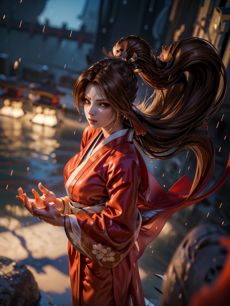 (exquisitely detailed CG unity 8k wallpaper, masterpiece-quality with stunning realism), (best illumination, best shadow), (best quality), (elegant style:1.2), Arti modern anime. angled view, heroic pose, midshot, (cel-shading style:1.3), centered image, ultra detailed closeup portrait of (Mai Shiranui:1) from (King of Fighters), best quality, expressive eyes, perfect face, highres, (ultra details), 1 girl, solo, brown hair, hair ornament, eyeshadow, gold, white and red qipao, highly ornamented, in the city of Japan, portrait, looking at the viewer, piercing eyes, full body, (light from the angle:1) (wind blowing:1.2).(depth of field effects:1.3) (motion action:1.2) (closeup:1.2) (angled closeup photography:1), (motion blur effects:1), wide angles, spreading feet, Thin to transparent,see-through,(((Soggy-kimono:1.2))),Lace fabric, (((water-immersed body: 0.9))),jewelry, relaxing pose, (dress on fire:.7)