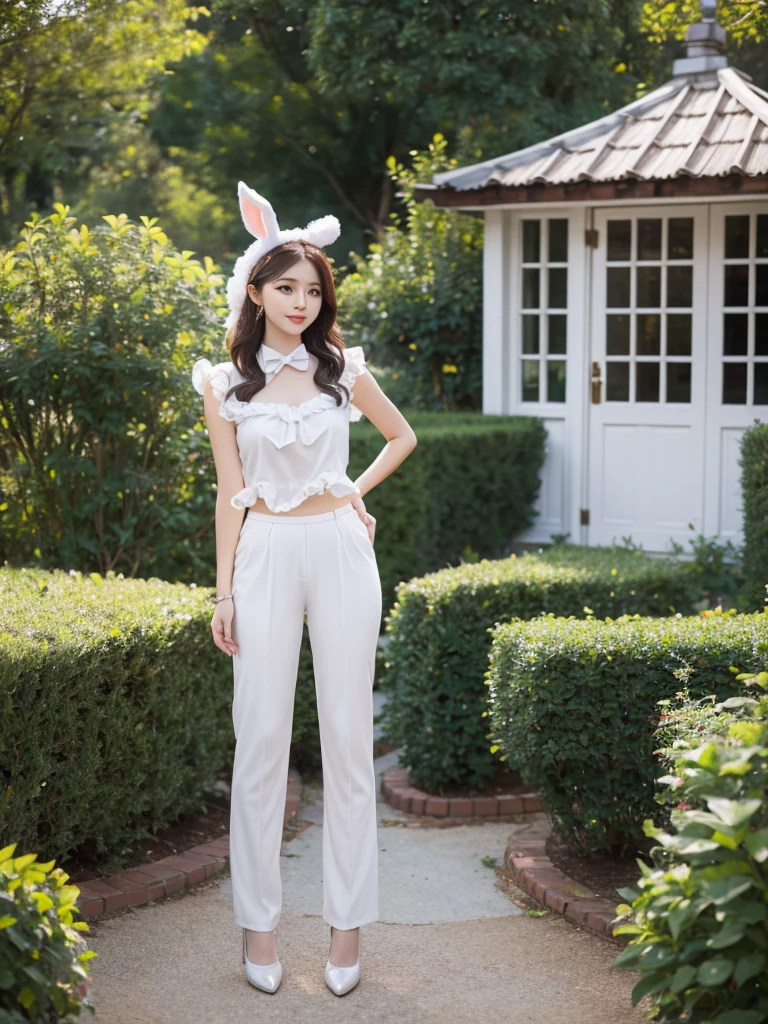 4K, realistic, charming, very detailed, There was a young woman in the garden house., Wear a bunny costume. , Soft theme, trousers, 25 years old, full body