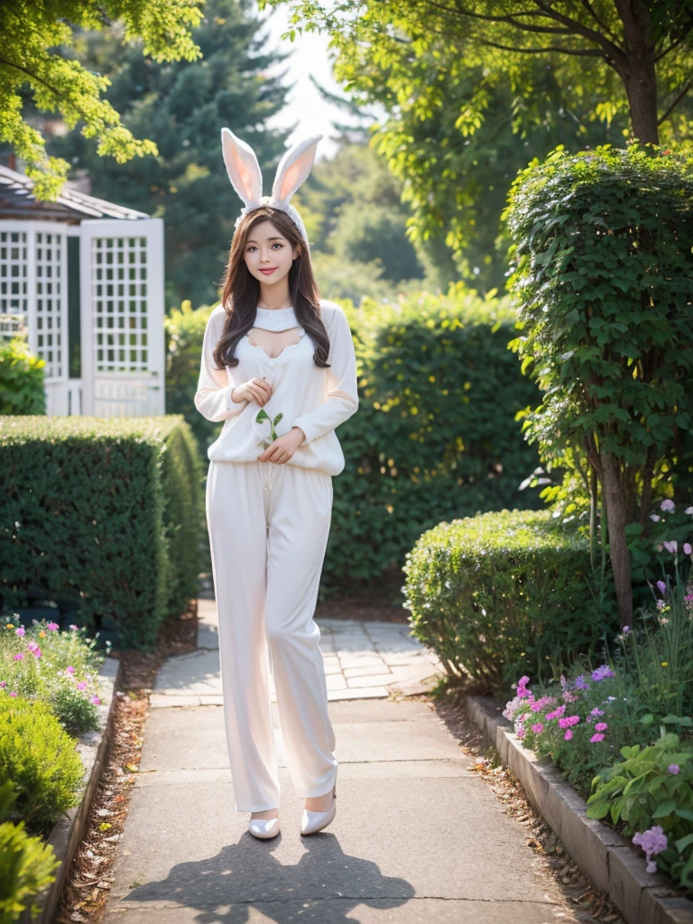 4K, realistic, charming, very detailed, There was a young woman in the garden house., Wear a bunny costume. , Soft theme, trousers, 25 years old, full body
